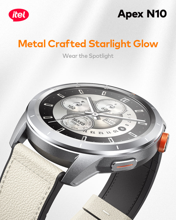 Itel Apex N10 smartwatch with metal crafted design on a white background