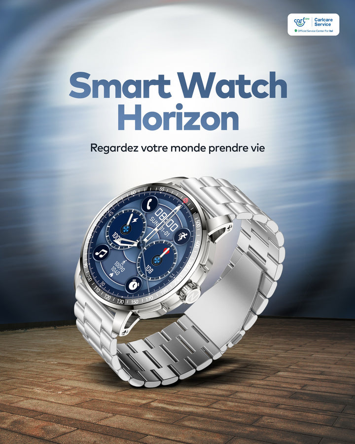 Smart watch on a wooden surface with a blurred metallic background and text 'Smart Watch Horizon' above.
