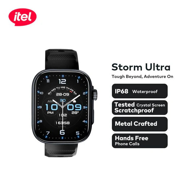 Itel Storm Ultra smartwatch with features listed on a white background