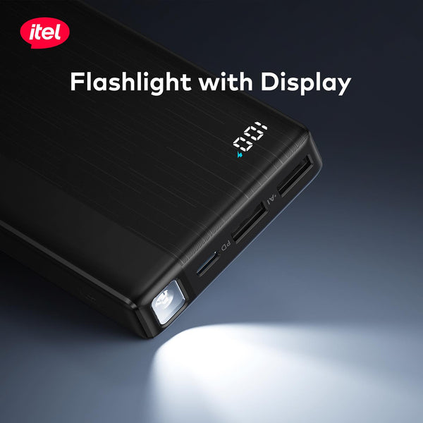 Black power bank with flashlight and display on a dark background, featuring the itel brand.