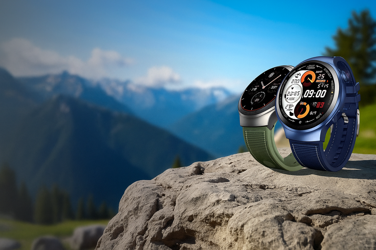 Two smartwatches on a rock with mountainous landscape in the background