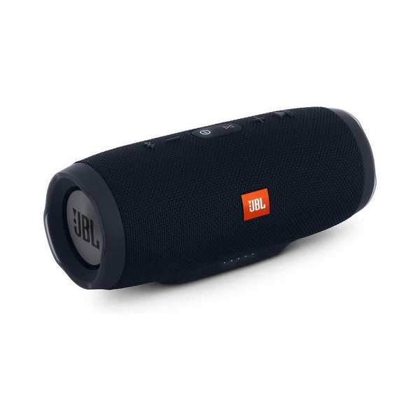 Black JBL Bluetooth speaker on a white background