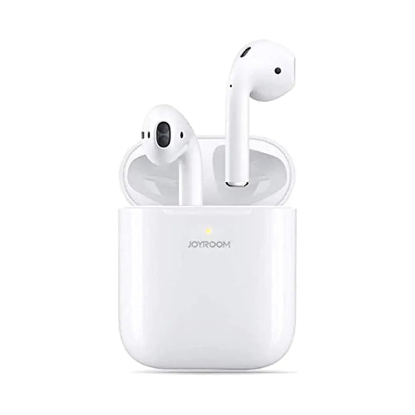 White wireless earbuds with charging case on a white background, featuring the brand 'JOYROOM'.