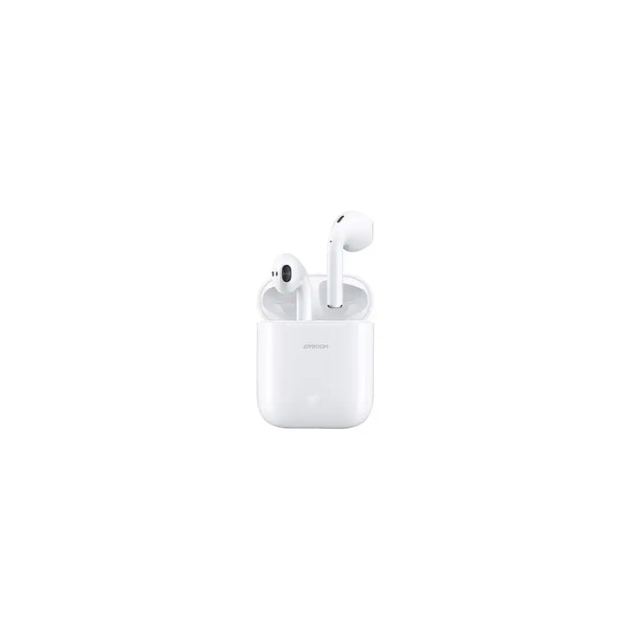 White wireless earbuds with charging case on a white background