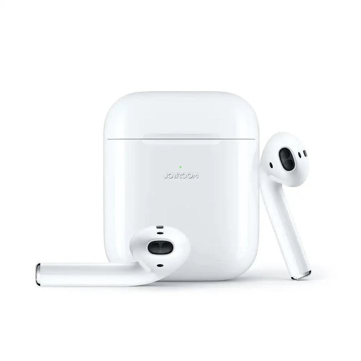 White Joyroom wireless earbuds placed in front of their matching white charging case on a plain white background.