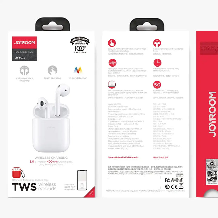Joyroom TWS wireless earbuds packaging with product illustration and specifications.