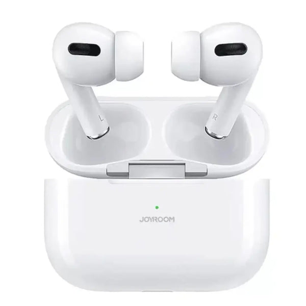White wireless earbuds with charging case on a white background, featuring the brand 'JOYROOM'.