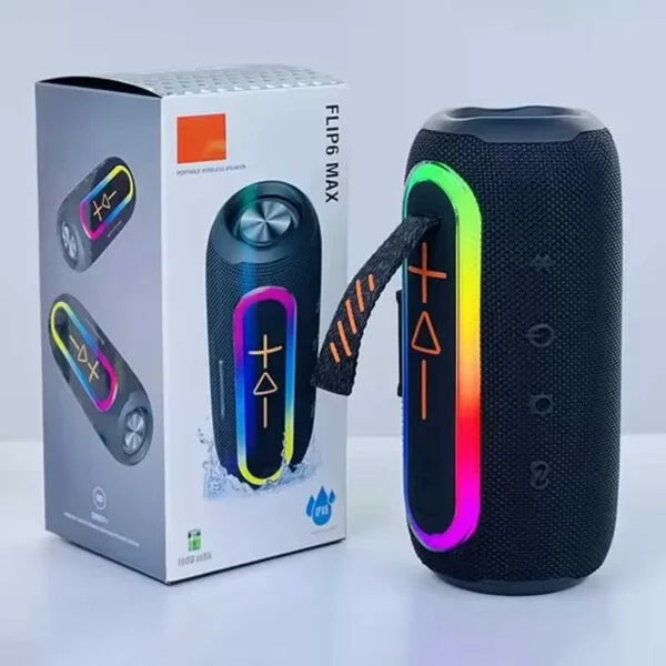 Black portable speaker with colorful design next to its packaging on a white background