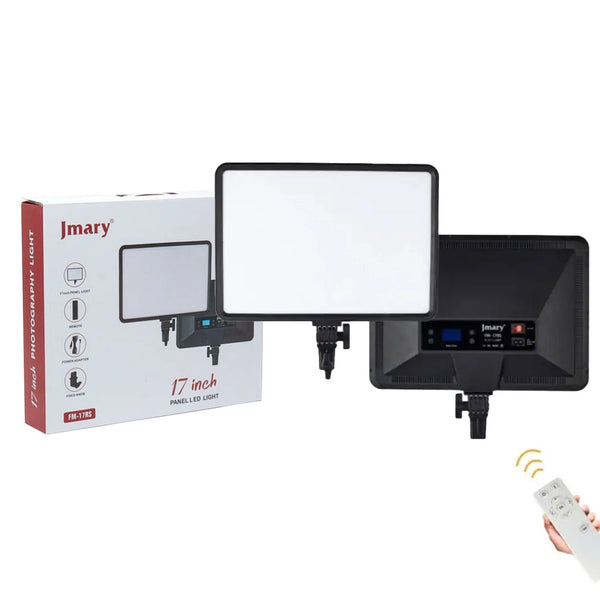 Jmary 17-inch panel LED light with packaging and remote control on a white background