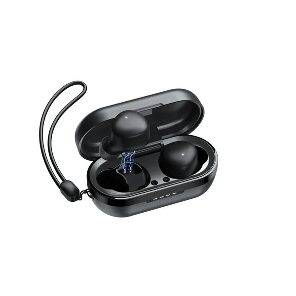 Black wireless earbuds in an open case on a white background