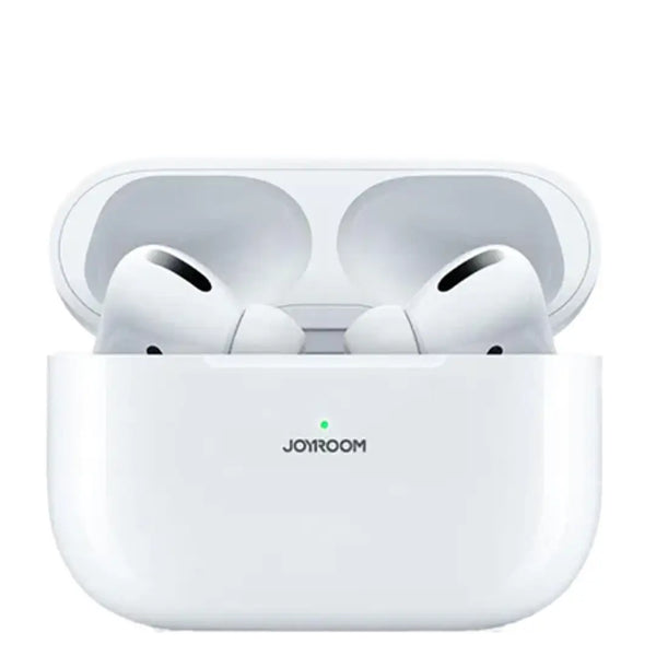 White wireless earbuds in a charging case with 'JOYROOM' branding on a white background