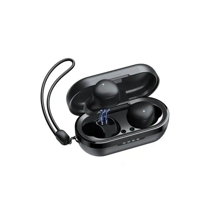Black wireless earbuds in an open charging case on a white background
