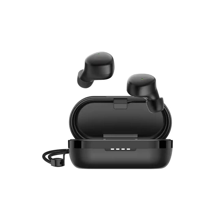 Black wireless earbuds with charging case on a white background