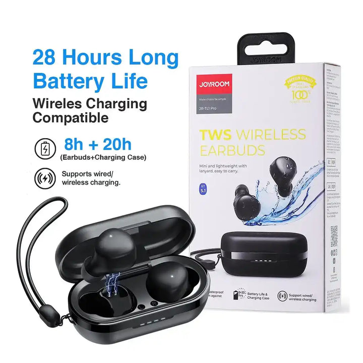 Black wireless earbuds with charging case and Joyroom TWS wireless earbuds packaging on a white background