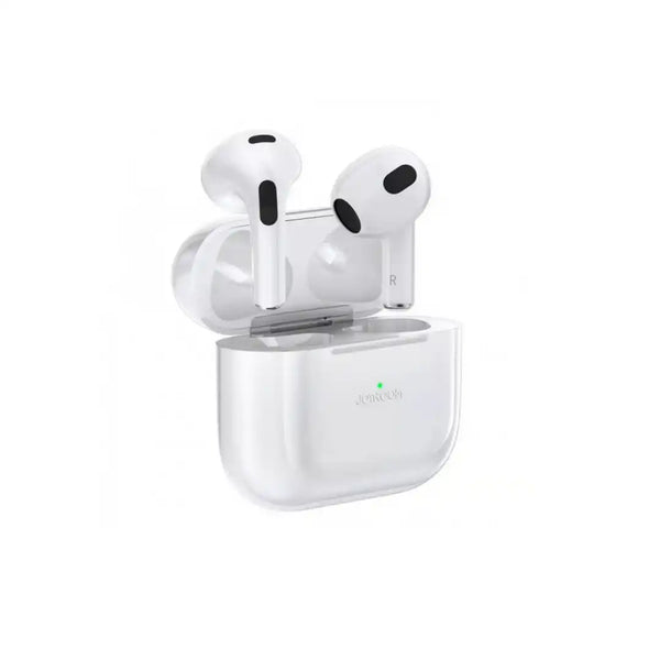 White wireless earbuds with charging case on a white background