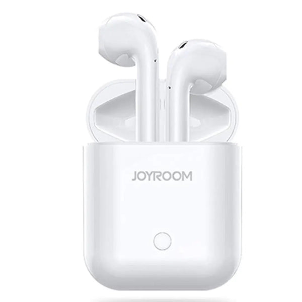 White wireless earbuds with charging case on a white background, featuring the brand 'JOYROOM'.