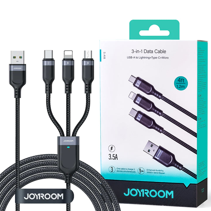 Joyroom S-1T3018A18 3-in-1 3.5A USB-A to Lightning, Type-C & Micro cable (2m). Fast charging, durable design, perfect for all devices – Black