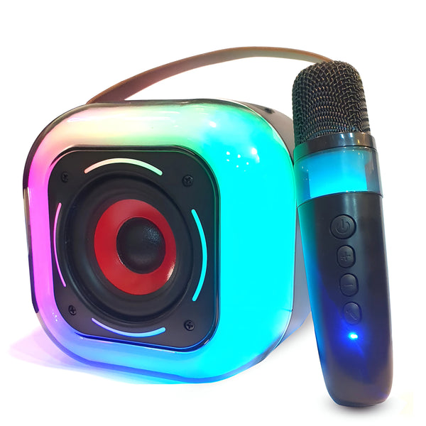 Colorful portable speaker with a microphone on a white background