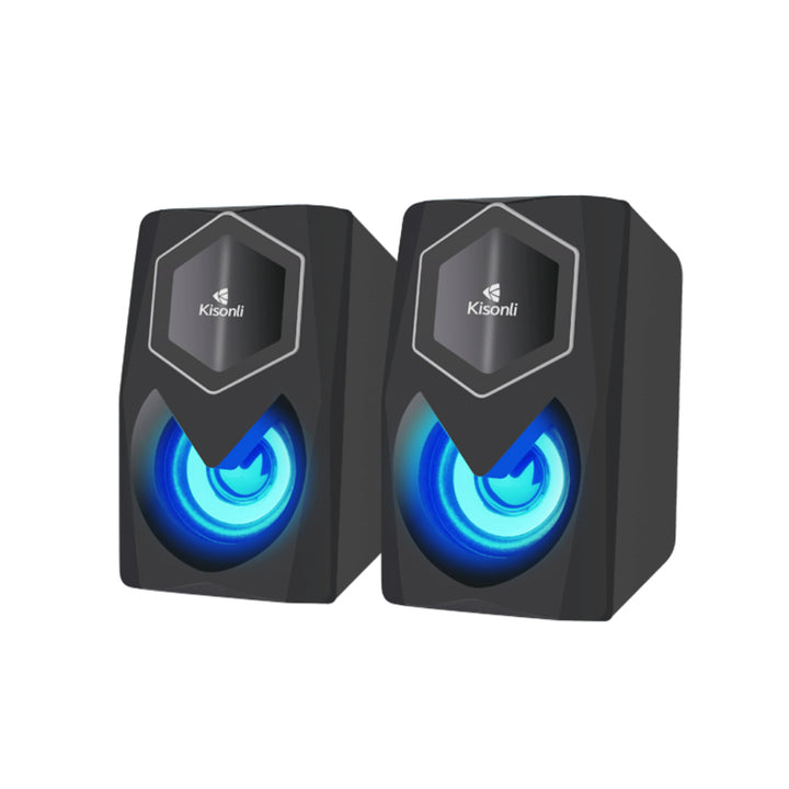 Pair of black speakers with blue lights on a white background, featuring the Kisonli brand.