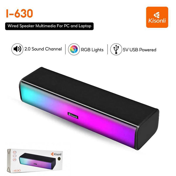 Kisonli I-630 wired multimedia speaker with RGB lights on a white background