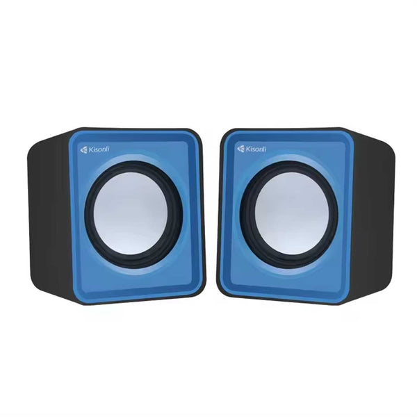 A set of Kisonli V310 Multimedia Computer Speakers in blue color with a sleek plastic design, featuring two speakers with visible blue and black components.