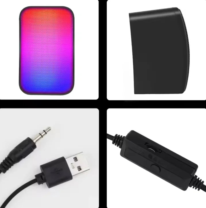 Four product images arranged in a grid: colorful rectangular object, black clip, audio cable with USB adapter, and black electronic component.