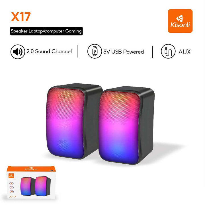 A pair of KISONLI X17 speakers with multicolored RGB lights, marketed for gaming and computer use, with a USB connection and 3.5mm AUX output.