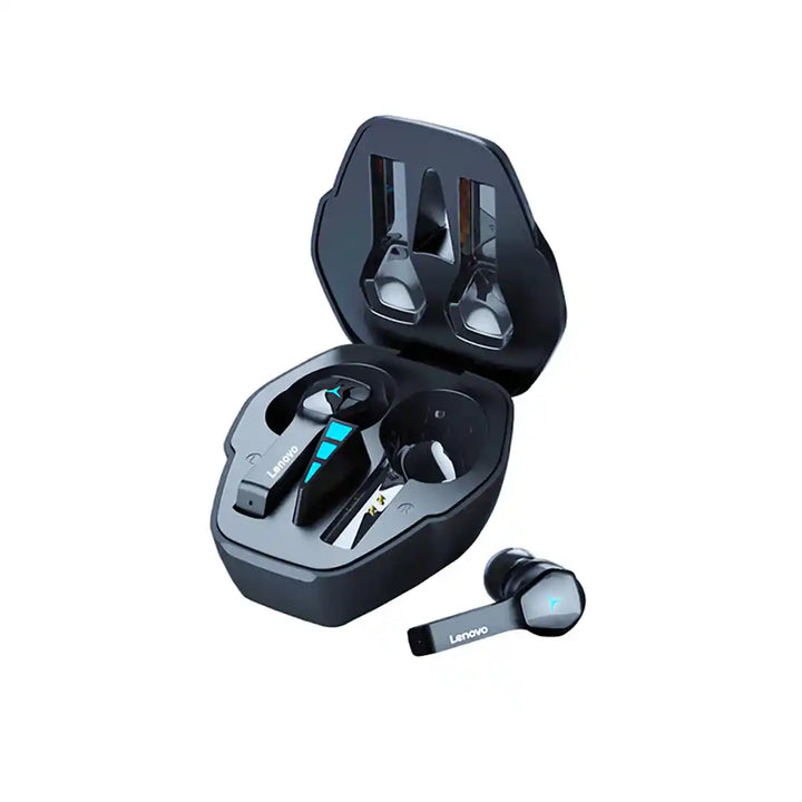 Lenovo wireless earbuds with charging case on a white background