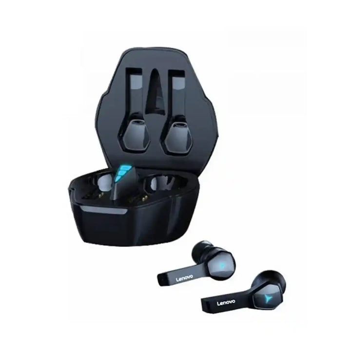 Black wireless earbuds with charging case on a white background