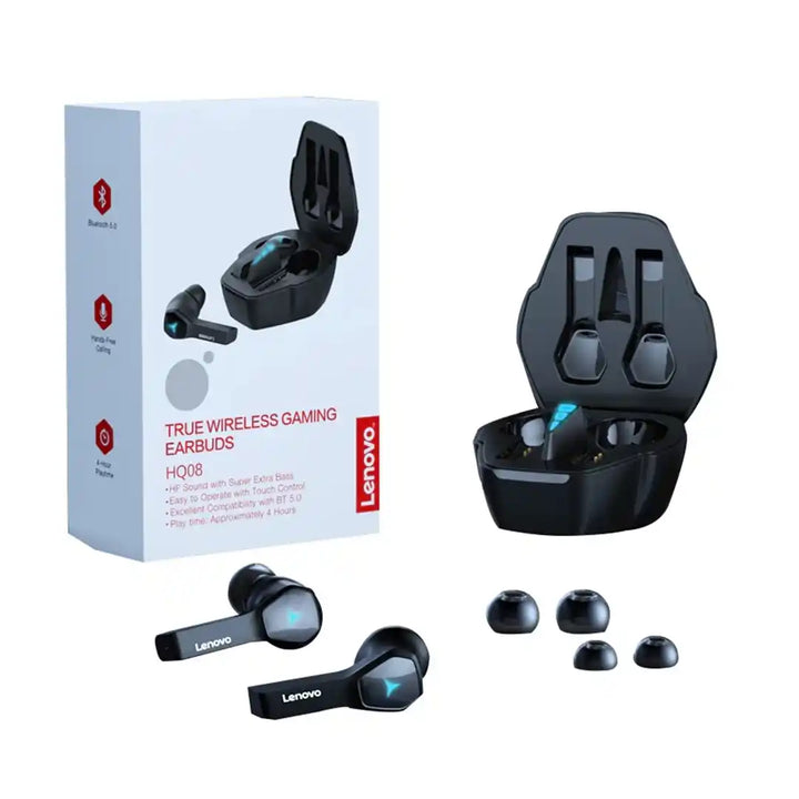 Lenovo True Wireless Gaming Earbuds with charging case and packaging on a white background