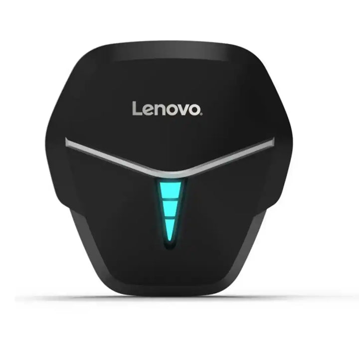 Black Lenovo computer mouse with blue light on a white background