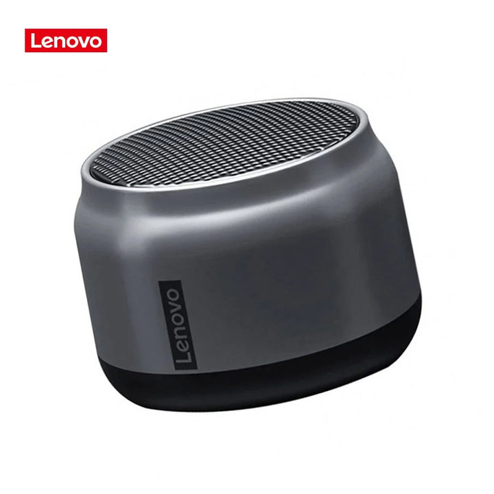 Gray Lenovo speaker on a white background