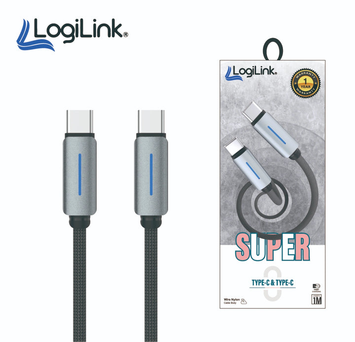 LOGILINK TYPE C TO TYPE C NYLON FAST CHARGING DATA CABLE WITH LIGHT 1M (1 YEAR WARRANTY) GREY