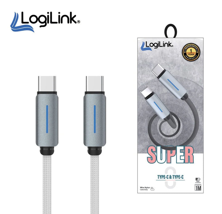 LOGILINK TYPE C TO TYPE C NYLON FAST CHARGING DATA CABLE WITH LIGHT 1M (1 YEAR WARRANTY WHITE)