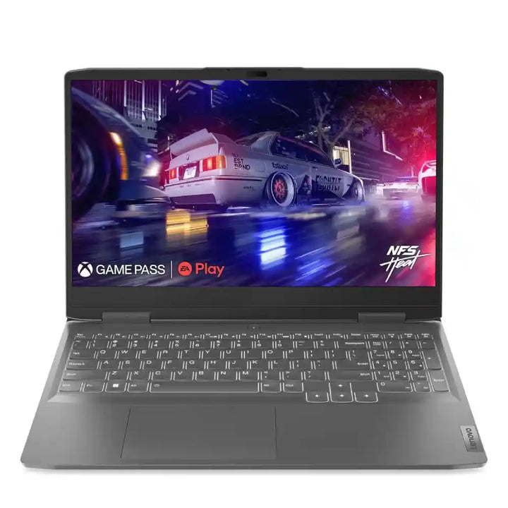 Laptop with a racing game on the screen on a white background