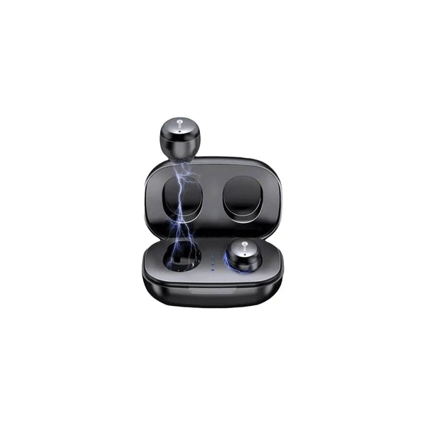 Black wireless earbuds with charging case on a white background