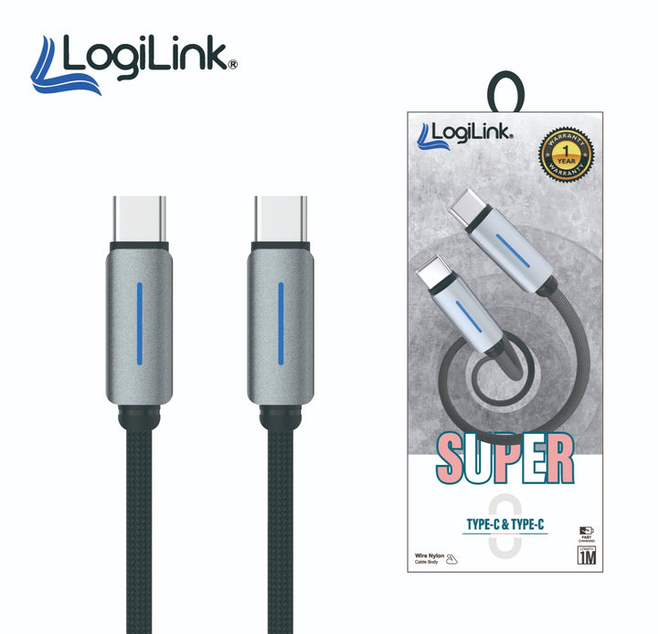 Logilink Type C To Type C Nylon Fast Charging Data Cable With Ligh1m (1 Year Warranty) Black
