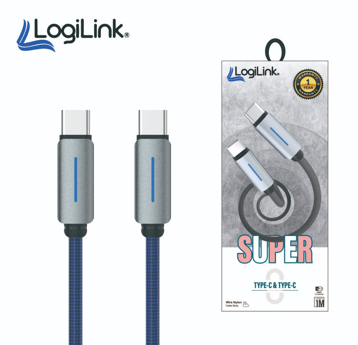 Logilink Type C To Type C Nylon Fast Charging Data Cable With Light 1m (1 Year Warranty) Blue