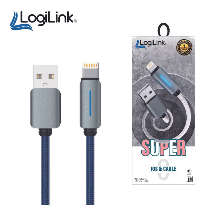 Logilink Usb To Lightning Nylon Fast Charging Data Cable With Light 1m (1 Year Warranty) Blue
