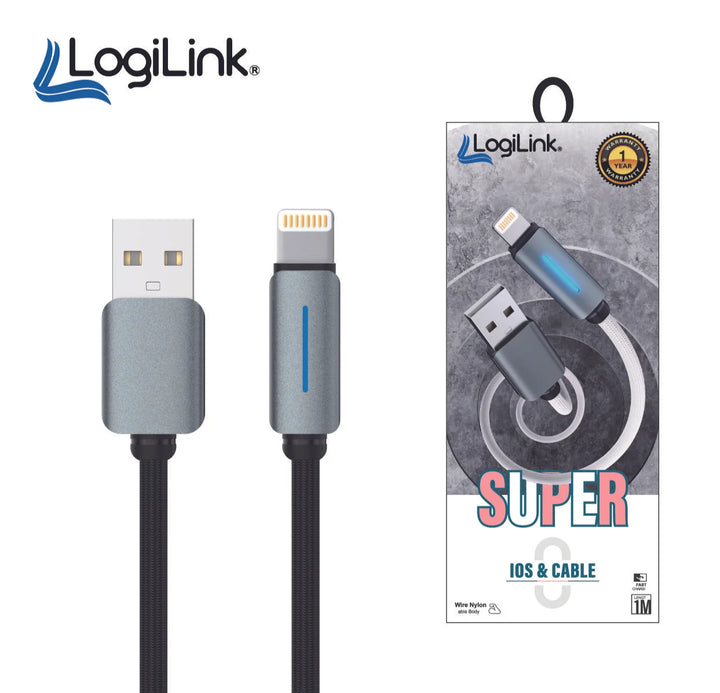 Logilink Usb To Lightning Nylon Fast Charging Data Cable With Light 1m (1 Year Warranty) Grey