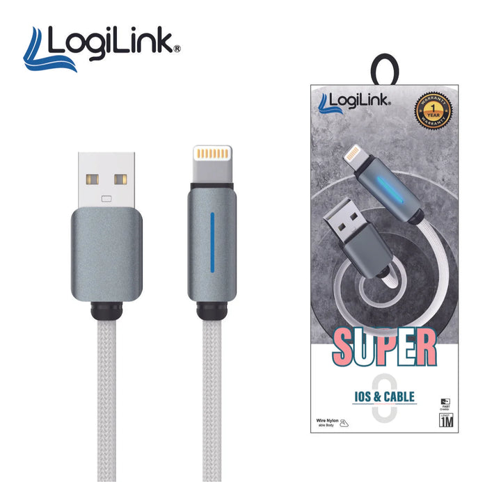 Logilink Usb To Lightning Nylon Fast Charging Data Cable With Light 1m (1 Year Warranty) White