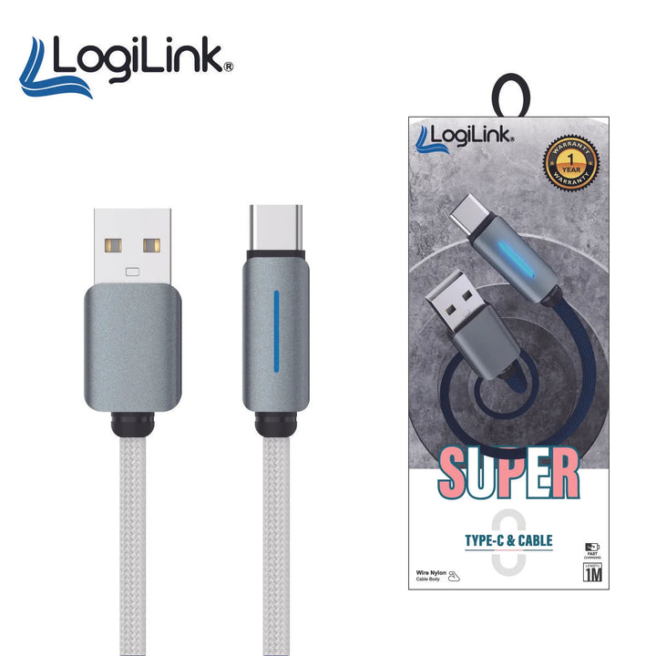 Logilink Usb To Type C Nylon Fast Charging Data Cable 1m With Light (1 Year Warranty) White