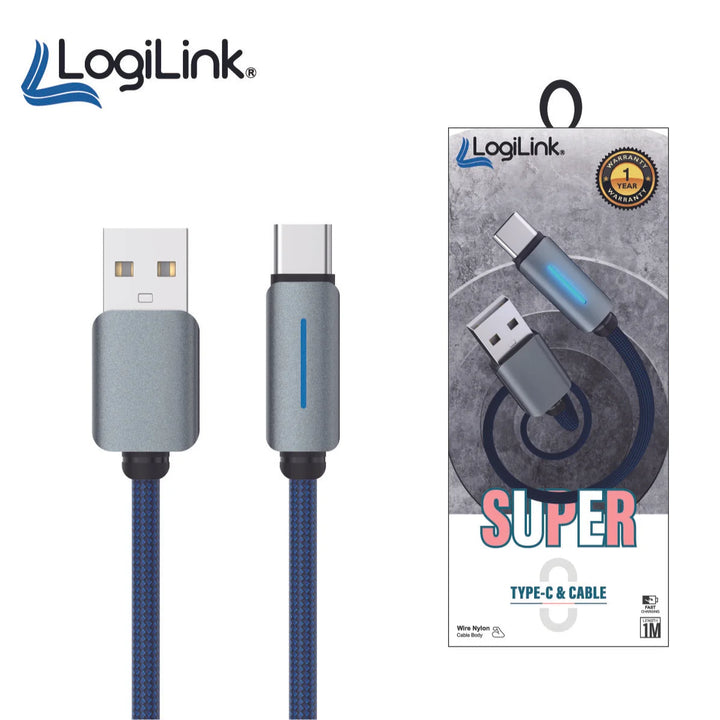 Logilink Usb To Type C Nylon Fast Charging Data Cable With Ligh 1m (1 Year Warranty) Blue