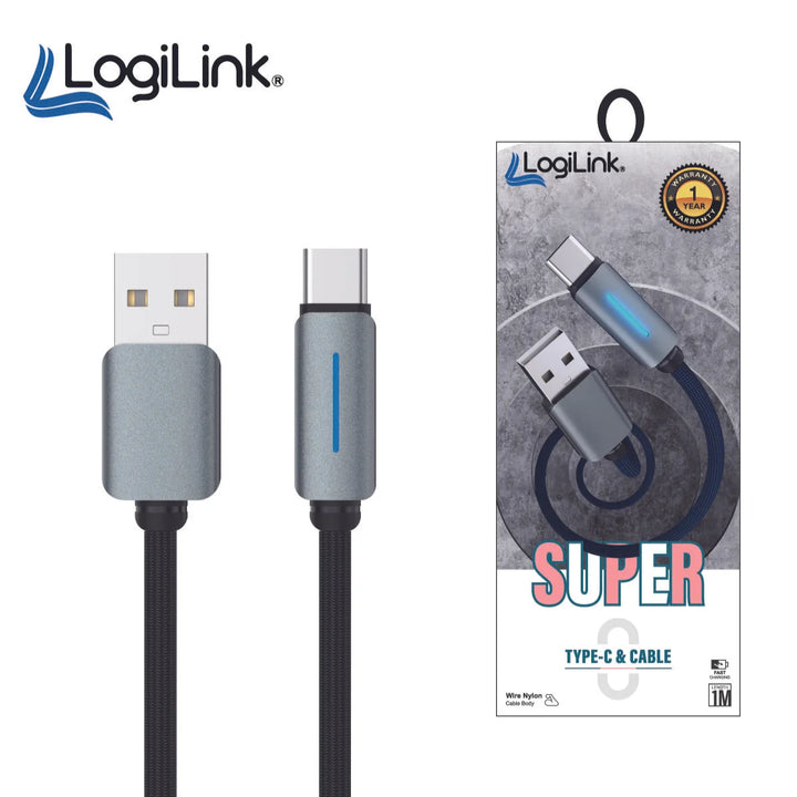 Logilink Usb To Type C Nylon Fast Charging Data Cable With Light 1m (1 Year Warranty) Black
