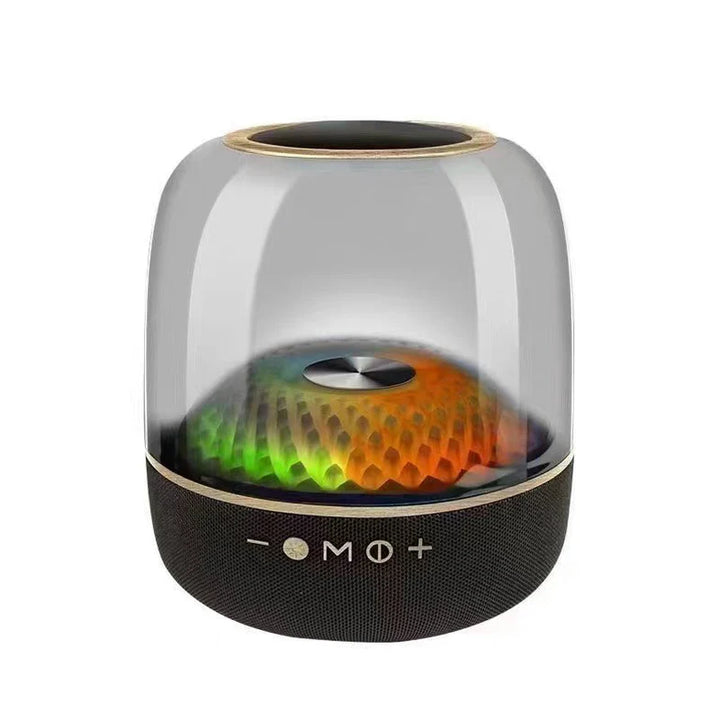 Smart speaker with colorful light display on a white background