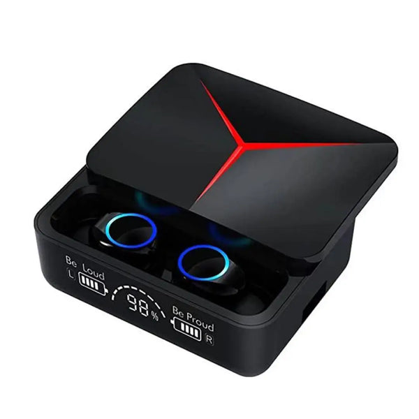 Black electronic device with red and blue lights on a white background