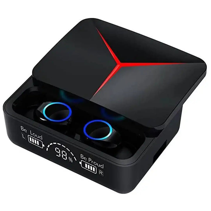 Black wireless earbuds with charging case on a white background