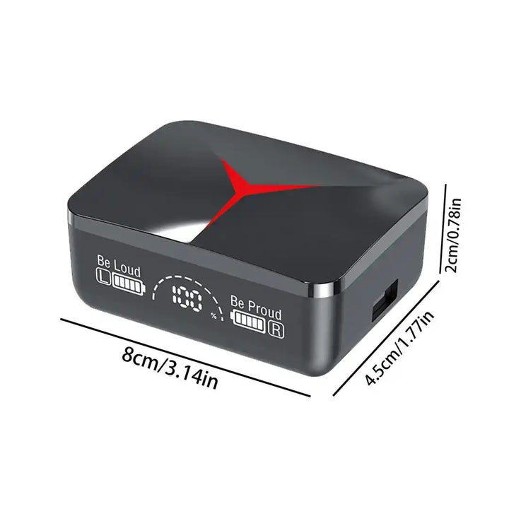 Black electronic device with red logo and measurement details on a white background