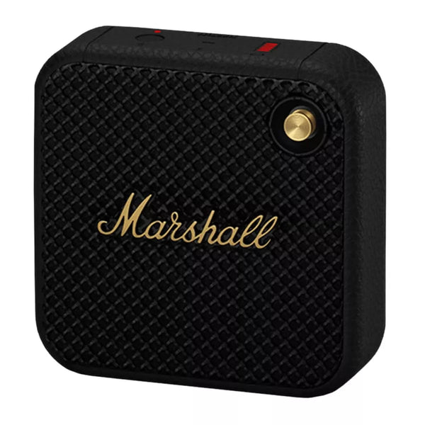 Black Marshall portable speaker with gold logo on a white background