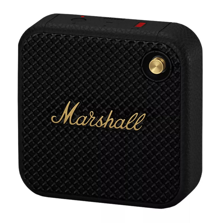 Black Marshall portable speaker with gold logo on a white background